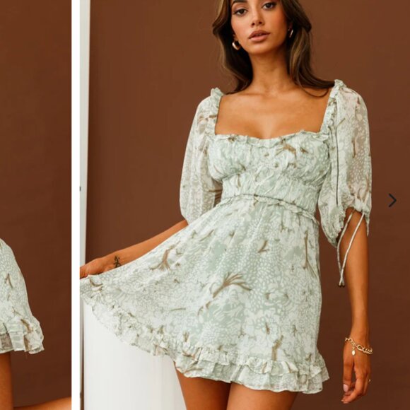 Selfie Leslie Kirra Puff Sleeve Ruched Sage Floral Botanic Print Mini Dress - Picture 2 of 10